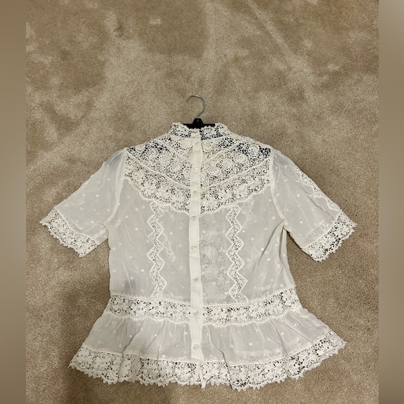 Sheer white chiffon button up blouse with mother of pearl buttons and lace inset - Picture 2 of 7